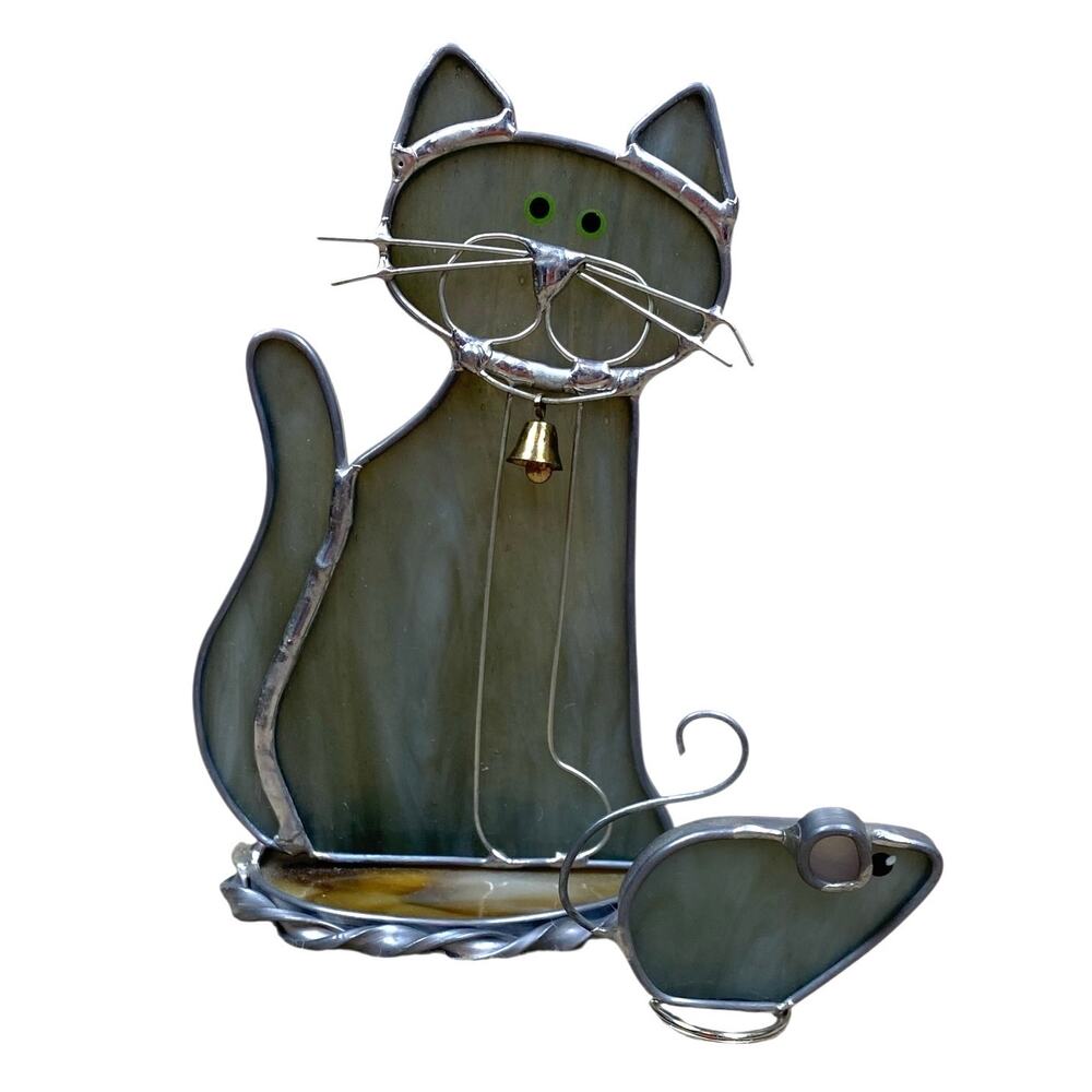 Kokomo Opalescent Glass Freestanding Kitty Cat And Mouse Suncatcher Gray